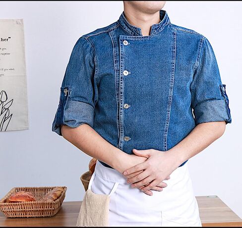 Unisex Denim Roll Up Long Sleeve Chef Coat, Button Down Chef Jacket, Kitchen & Restaurant Work Uniform in Saudi Arabia
