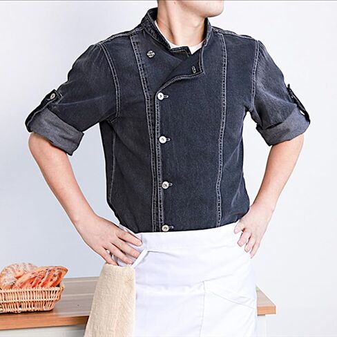 Unisex Denim Roll Up Long Sleeve Chef Coat, Button Down Chef Jacket, Kitchen & Restaurant Work Uniform in Saudi Arabia