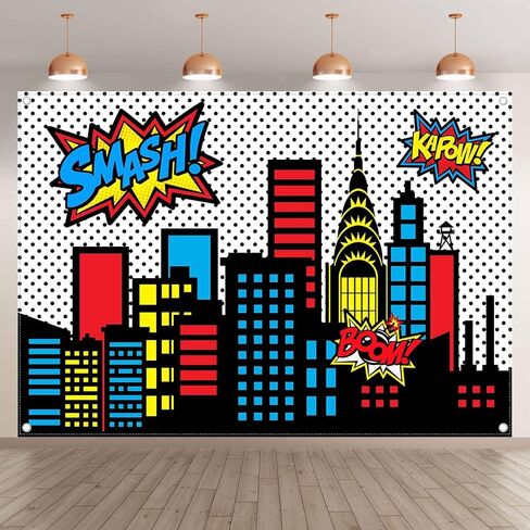 7x5ft Superhero Cityscape Photography Backdrop Skyline Buildings City Boom Background Kids Birthday Banner Party Baby Shower Decorations Photo Props in Saudi Arabia