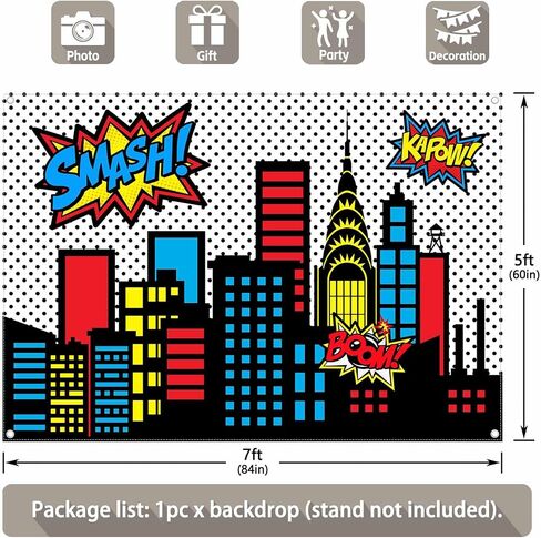 7x5ft Superhero Cityscape Photography Backdrop Skyline Buildings City Boom Background Kids Birthday Banner Party Baby Shower Decorations Photo Props in Saudi Arabia