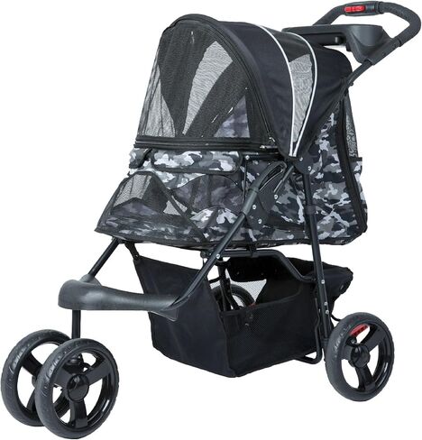 Petique Durable Pet Stroller, Easy Fold, Quality mesh windows, Large Storage Basket, Secure Cup Holder Tray, for Small to Medium Dog, Cat, Bunny, Supports pets up to 55LBS - BLACK CAMO in Kuwait