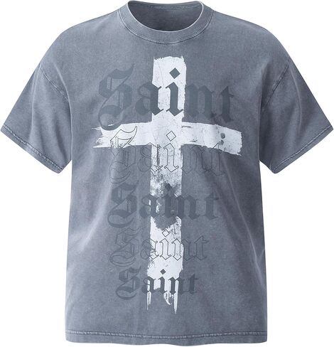 Men's Cross Pattern &Saint Letter Print T-Shirt Oversized Washed Cotton Casual Hip Hop Short Sleeve in Saudi Arabia