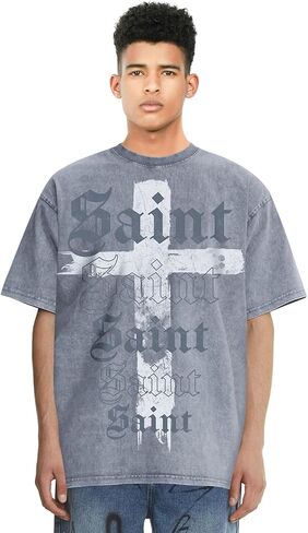 Men's Cross Pattern &Saint Letter Print T-Shirt Oversized Washed Cotton Casual Hip Hop Short Sleeve in Saudi Arabia