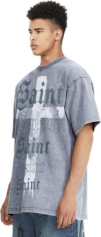Men's Cross Pattern &Saint Letter Print T-Shirt Oversized Washed Cotton Casual Hip Hop Short Sleeve in Saudi Arabia