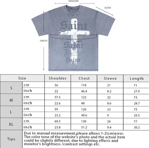 Men's Cross Pattern &Saint Letter Print T-Shirt Oversized Washed Cotton Casual Hip Hop Short Sleeve in Saudi Arabia