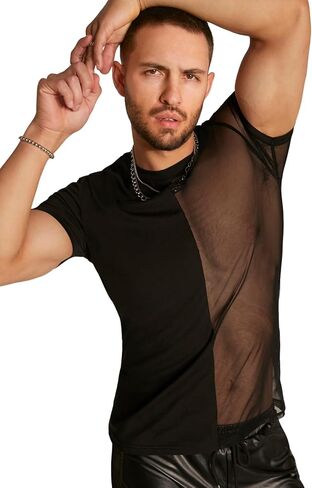 WDIRARA Men's Contrast Mesh T-Shirts Round Neck Short Sleeve Shirt See Through Party Outfits in Saudi Arabia