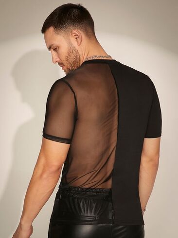 WDIRARA Men's Contrast Mesh T-Shirts Round Neck Short Sleeve Shirt See Through Party Outfits in Saudi Arabia