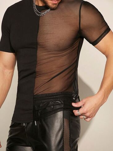 WDIRARA Men's Contrast Mesh T-Shirts Round Neck Short Sleeve Shirt See Through Party Outfits in Saudi Arabia