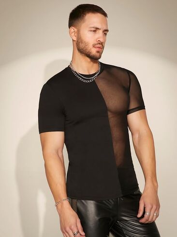 WDIRARA Men's Contrast Mesh T-Shirts Round Neck Short Sleeve Shirt See Through Party Outfits in Saudi Arabia
