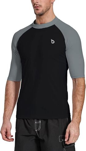 BALEAF Men's Rash Guard Short Sleeve Swim Shirt UPF 50+ Sun Protection Quick Dry Compression Shirt Rashguard Grey/Black L in Saudi Arabia