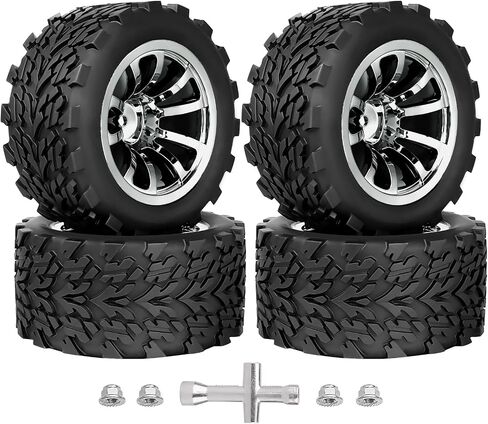 HobbyPark Pre-Glued RC Truck Tires and Chrome Wheels 12mm Hex 1/10 Scale for Traxxas Rustler 2wd Hoss 4x4 Stampede VXL Redcat Volcano EPX Pro 3S 4S Lipo Brushless, 4Pcs in Saudi Arabia