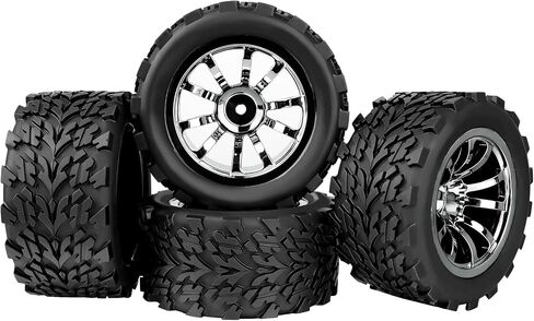 HobbyPark Pre-Glued RC Truck Tires and Chrome Wheels 12mm Hex 1/10 Scale for Traxxas Rustler 2wd Hoss 4x4 Stampede VXL Redcat Volcano EPX Pro 3S 4S Lipo Brushless, 4Pcs in Saudi Arabia