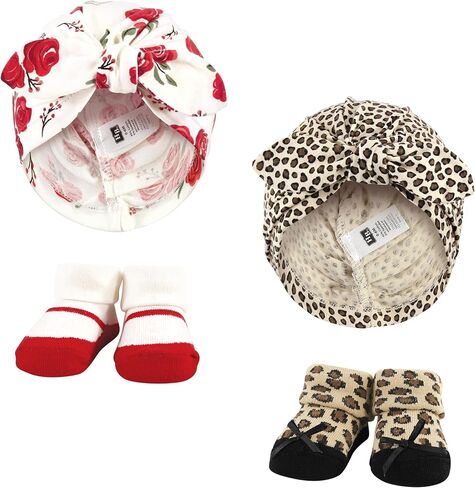 Hudson Baby Girls Turban and Socks Set, Red Rose Leopard, One Size in Saudi Arabia