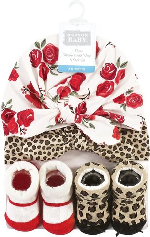 Hudson Baby Girls Turban and Socks Set, Red Rose Leopard, One Size in Saudi Arabia