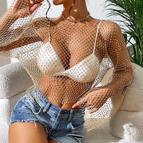 قميص علوي نسائي شبكي من حجر الراين بأكمام طويلة من OBEEII قميص قصير شفاف شفاف من خلال قميص نادي الهذيان للحفلات in Saudi Arabia