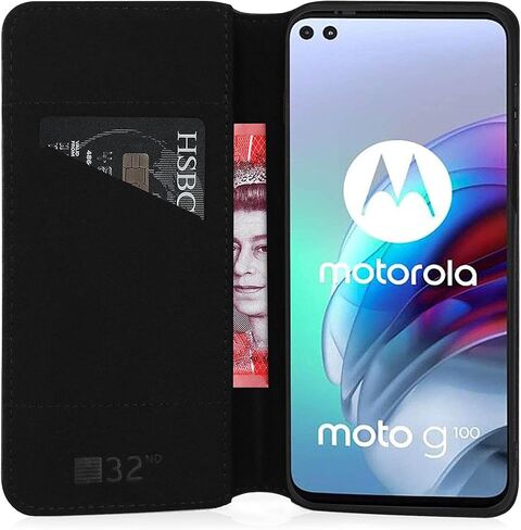 Classic Series 2.0 - Real Leather Book Wallet Case Cover for Motorola Moto G100, Real Leather Design with Card Slot, Magnetic Closure and Built in Stand - Black in Saudi Arabia