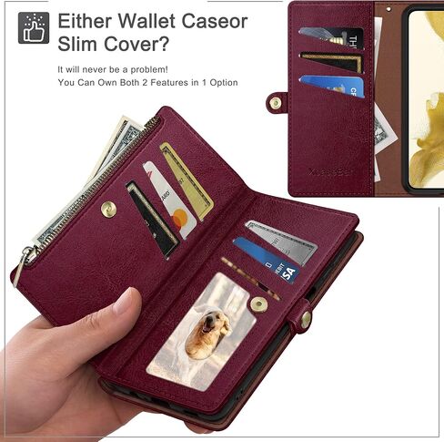 حافظة XcaseBar لهاتف Samsung Galaxy S22 Plus مع حامل بطاقة ائتمان بسحاب، RFID Blocking، حافظة هاتف من جلد البولي يوريثان قابلة للطي وغطاء مقاوم للصدمات للنساء والرجال لهاتف S22 Plus باللون الأحمر الخمري in Kuwait