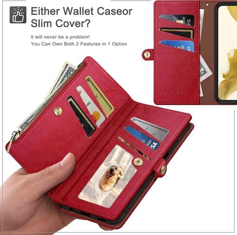 حافظة XcaseBar لهاتف Samsung Galaxy S22 Plus مع حامل بطاقة ائتمان بسحاب، RFID Blocking، حافظة هاتف من جلد البولي يوريثان قابلة للطي وغطاء مقاوم للصدمات للنساء والرجال لهاتف S22 Plus باللون الأحمر الخمري in Kuwait