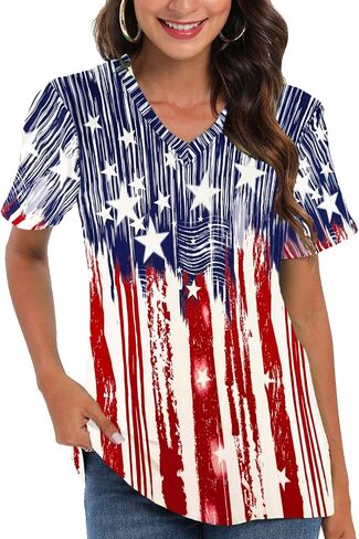 CM-Kid 4th of July Patriotic Shirt for Women American Flag Clothing Summer V Neck Short Sleeve USA Outfit Tee Top in Saudi Arabia