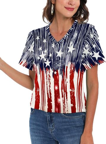 CM-Kid 4th of July Patriotic Shirt for Women American Flag Clothing Summer V Neck Short Sleeve USA Outfit Tee Top in Saudi Arabia