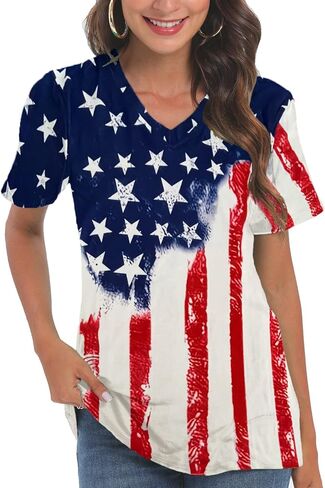 CM-Kid 4th of July Patriotic Shirt for Women American Flag Clothing Summer V Neck Short Sleeve USA Outfit Tee Top in Saudi Arabia
