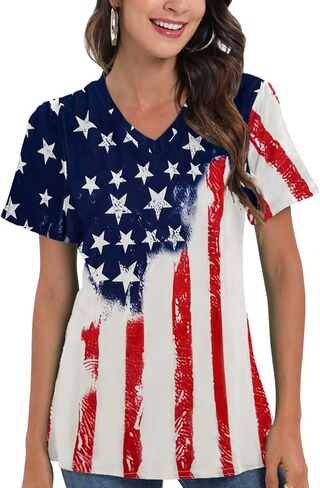 CM-Kid 4th of July Patriotic Shirt for Women American Flag Clothing Summer V Neck Short Sleeve USA Outfit Tee Top in Saudi Arabia
