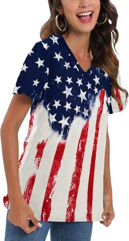 CM-Kid 4th of July Patriotic Shirt for Women American Flag Clothing Summer V Neck Short Sleeve USA Outfit Tee Top in Saudi Arabia