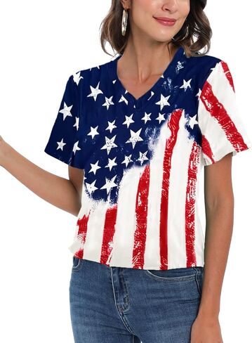 CM-Kid 4th of July Patriotic Shirt for Women American Flag Clothing Summer V Neck Short Sleeve USA Outfit Tee Top in Saudi Arabia