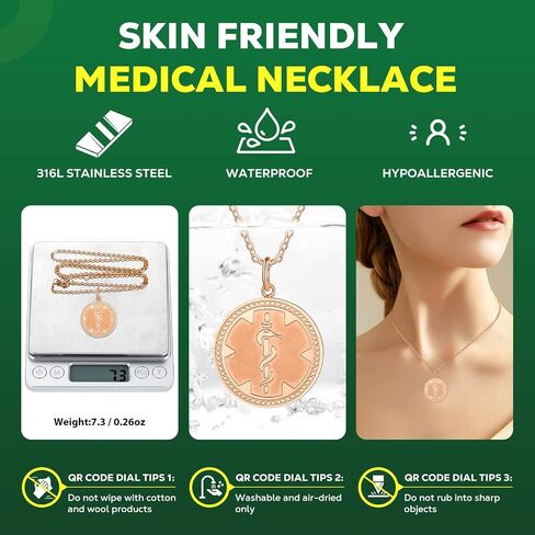Medical Alert Necklace for Women - Stainless Steel Medical Necklace Engraved QR Code Medical ID Necklace - More Space Custom Online Emergency Medical Info in Saudi Arabia