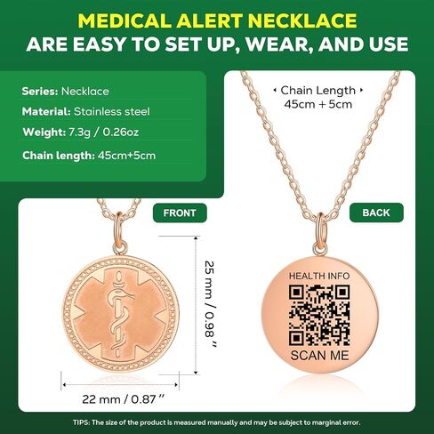 Medical Alert Necklace for Women - Stainless Steel Medical Necklace Engraved QR Code Medical ID Necklace - More Space Custom Online Emergency Medical Info in Saudi Arabia