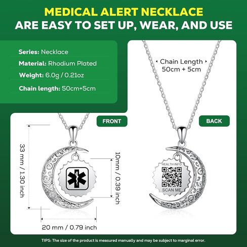 Medical Alert Necklace for Women - Stainless Steel Medical Necklace Engraved QR Code Medical ID Necklace - More Space Custom Online Emergency Medical Info in Saudi Arabia