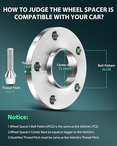 SCITOO 2Pcs 5x120 Wheel Spacers 15mm Thread Pitch 12x1.5 Hub Bore 72.56mm 5 Lug Wheel Spacers Fit for X1 M3 335is 335i xDrive 335i 328i xDrive 328i 135i 128i 335d 1 Series M M6 M5 in Saudi Arabia