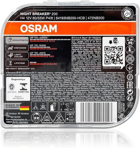 9003 H4 HB2 Night Breaker 200 لمبة هالوجين بديلة لأوسرام 64193NB200-HCB 12V 60/55W P43t / Duo Pack in Kuwait