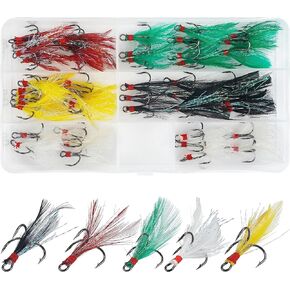 Treble Fishing Hooks Feather Hooks, 50pcs Dressed Treble Hooks Round Bend Treble Fishing Hooks Strong Sharp Feather Dressed Teaser Hooks for Catfish Lures Baits