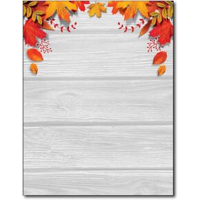 Fall Leaves over Wood Stationery Paper - 80 Sheets - Autumn Letterhead for Festivals & Thanksgiving