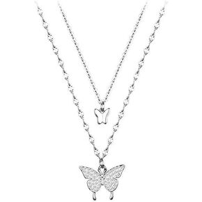 Necklace for Women Rhinestone Vintage Layered Crystal Butterfly Necklace Pendant Minimalist Double Butterfly Choker Necklace Silver Chain Necklace Jewelry for Women