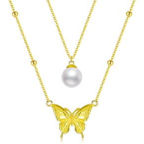 WINNICACA Butterfly Layered Necklace Sterling Silver Freshwater Pearl Pendant 14K Gold Plated Jewelry for Women Her Wife Mom Christmas Birthday Gifts
