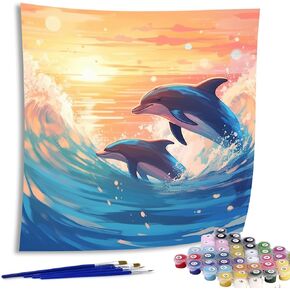Diymood Paint by Numbers for Adults Dolphin, DIY Oil Painting Sunset Acrylic Paint by Number Kits for Kids Adults Beginner for Home Wall Decor 20x20 inch