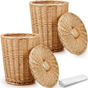2 Pieces Wicker Trash Can with Lid Rattan Waste Basket Woven Trash Can with 100 Plastic Garbage Bags for Bathroom Office Bedroom Kitchen Living Room Laundry Storage Supplies