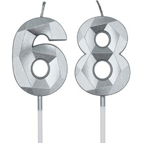68th & 86th Birthday Candles for Cake, Silver Number 68 86 3D Diamond Shaped Candle Birthday Decorations Party Supplies for Women or Men