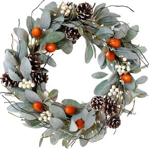 Idyllic 16 Inches Rabbit Ear Lobe Front Door Wreath, Fall Green Leaves Wreath with White Berry, Acorn and Pine Cone Wreath for Indoor and Outdoor