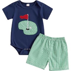 Omkzanbi Baby Boy Golf Outfit 1st Birthday Golf Hole Bodysuit Plaid Shorts 2Pcs Summer Casual Set Newborn Coming Home Outfit