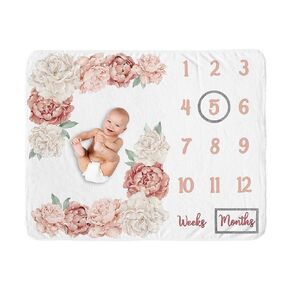 Sweet Jojo Designs Blush Pink Boho Shabby Chic Floral Girl Baby Milestone Blanket Newborn Monthly First Year Photo Growth Chart Infant Memory Gift Set Off White Bohemian Vintage Garden Flower Elegant