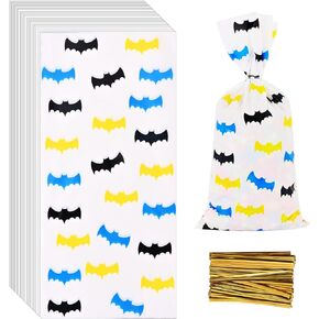Lecpeting 100 Pcs Bat Treat Bags Bat Print Cellophane Candy Bags Plastic Goodie Storage Bags Bat Hero Party Favor Bags with Twist Ties for Kids Hero Theme Birthday Party Supplies
