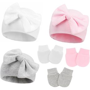 Baby Girl Hats with Bow and Mittens Set, Newborn Girl Hospital Hats with No-Scratch Mitts for Infant, Beanie Cap