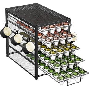 Simple Trending 5-Tier Coffee Pod Holder for K-Cups，160 Pod Pack Capacity Rack with Mug Rack，Sliding Storage Drawer, Black