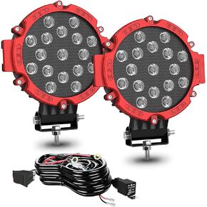 7 Inch 51W LED Light Pods, Red Round Spot Light Off Road Driving Lights Fog Bumper Roof Lights W/Wiring Harness for Boat,Jeep,ATV,UTV,SUV,Truck,Hunters,Motorcycle,2Pack