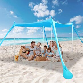Beach Tent Sun Shelter with Sand Anchor, Portable Beach Canopy Awning, Camping Tent UPF50+, Includes 4 Foldable Poles, Sand Bags, Outdoor Beach Shade for Camping, Fishing, Backyard Fun or Picnics