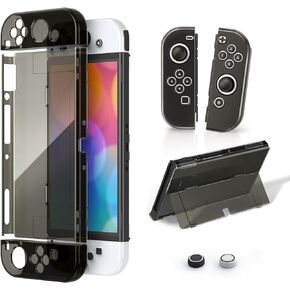 حافظة JINGDU الواقية متوافقة مع Nintendo Switch OLED 2021، حافظة صلبة شفافة لمفتاح OLED 2021، تصميم Joycon Split، مضاد للسقوط وامتصاص الصدمات، مع 4 قبضة إبهام