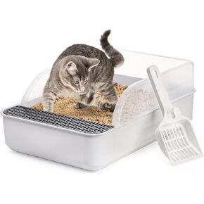 Lawei Open Top Cat Litter Box with High Side, Anti-Splashing Cats Litter Pan with with Litter Sifting Scoop, Semi-Closed Detachable Cat Cleaning Basin Kitten Toilet for Small Animal/Rabbit